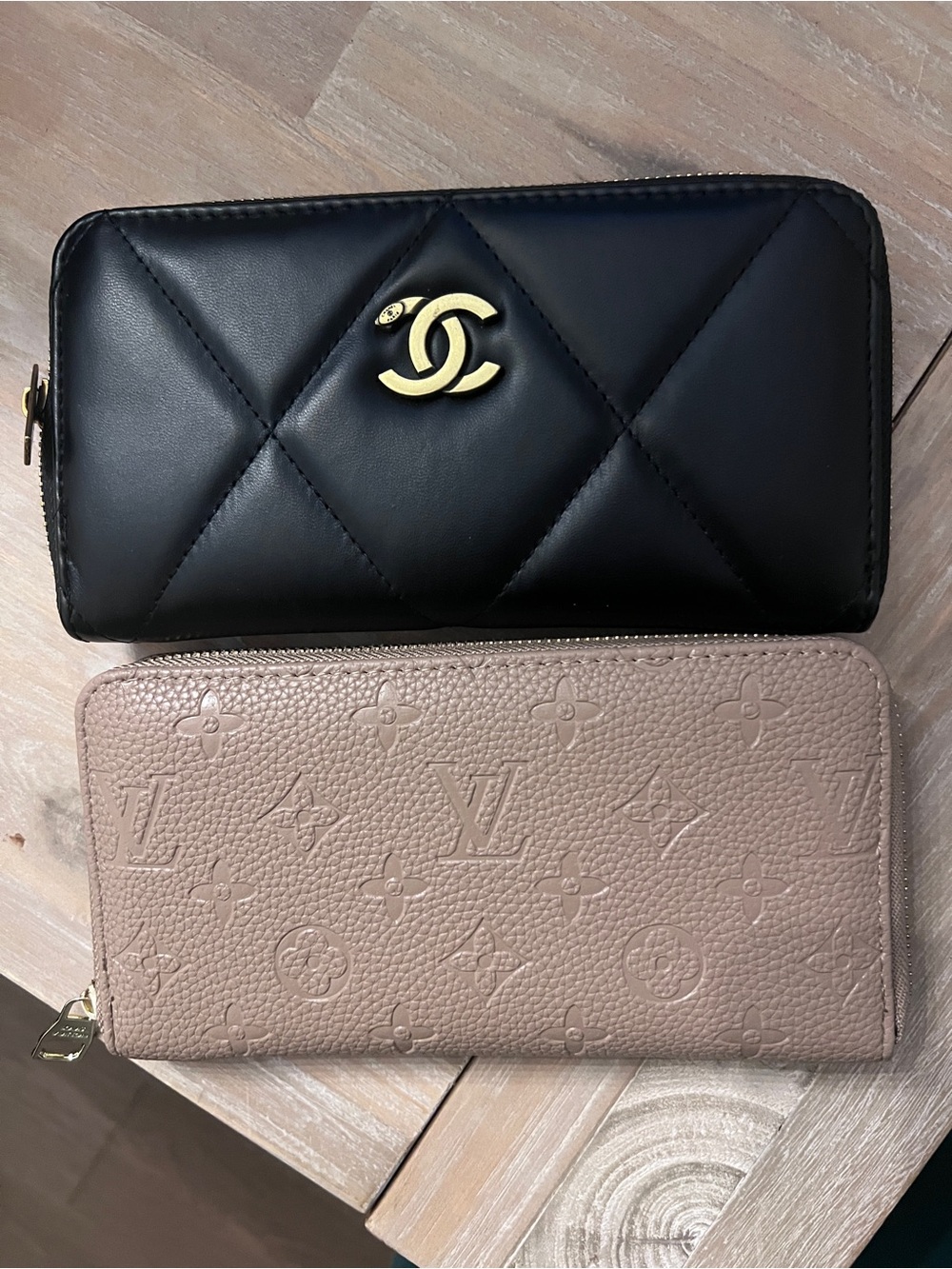 2 wallets Black Leather Zip Wallet and Mauve Long Wallet